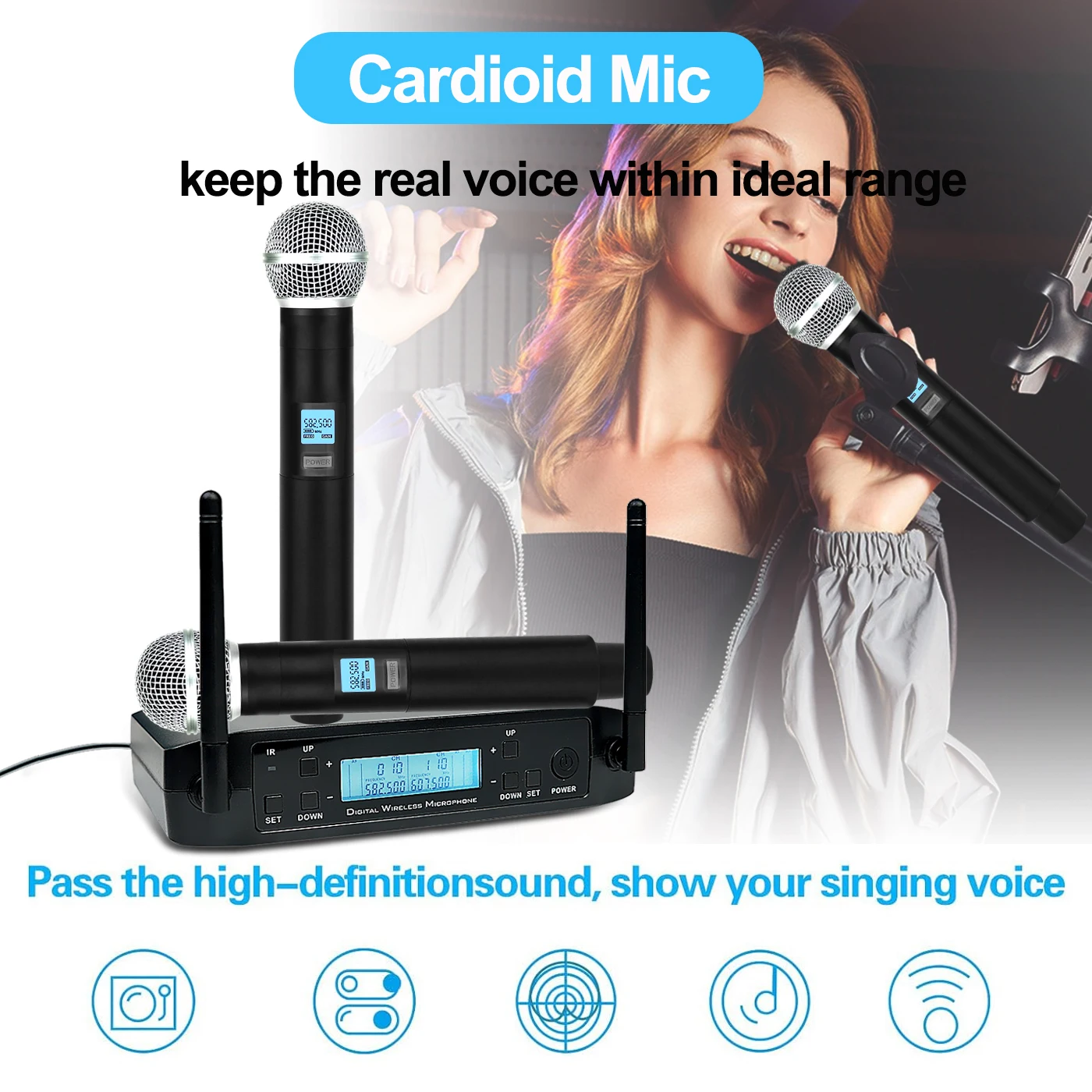 UHF Wireless Microphone System Professional Cordless Microphone 200CH Adjustable Frequency for Karaoke Singing 200ft Range