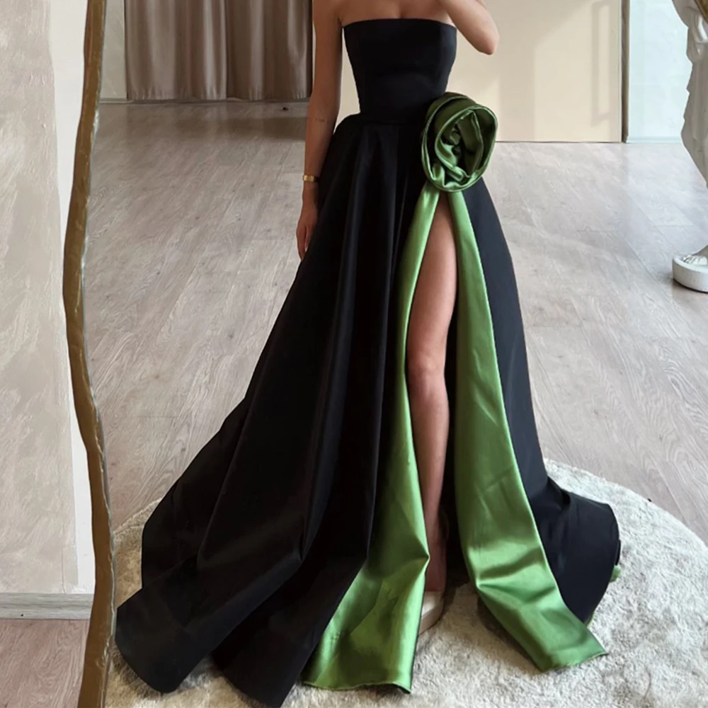 

Customized Exquisite Contrast Color Strapless Floor Length Side Slit A-Line Satin Evening Dress Classic Sweep Train Party Gowns