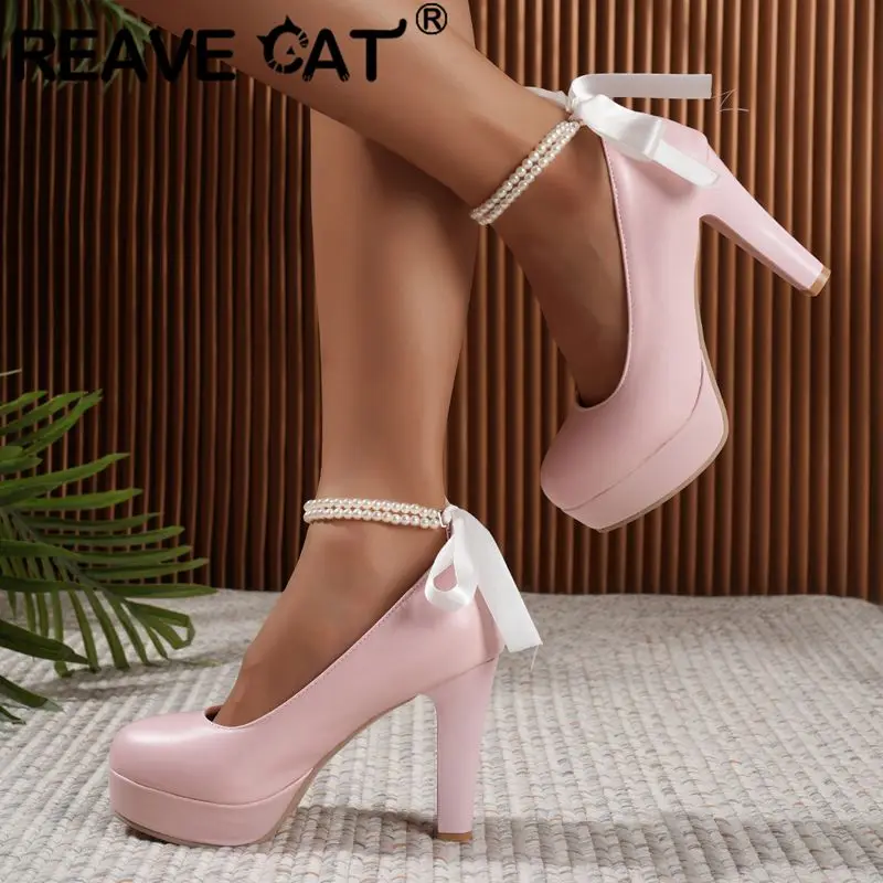 

REAVE CAT 2025 New Design Sexy Female Pumps Round Toe Block Heels 10cm String Beads Bowknot Plus Size 42 43 Party Wedding Shoes