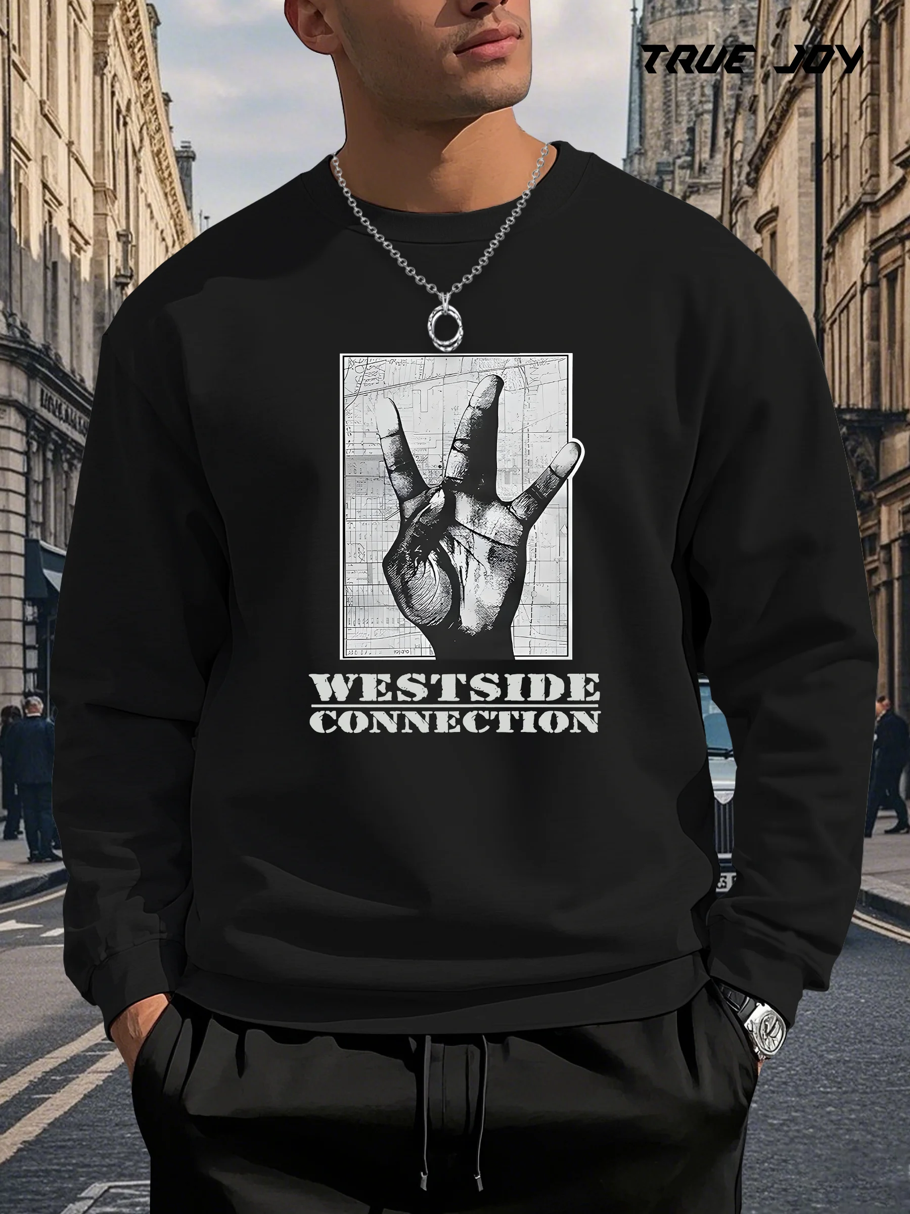 

Men'S "Westside Connection" Graphic Sweatshirt - Casual Long Sleeve Crewneck with Hand Gesture Print, Loose Fit