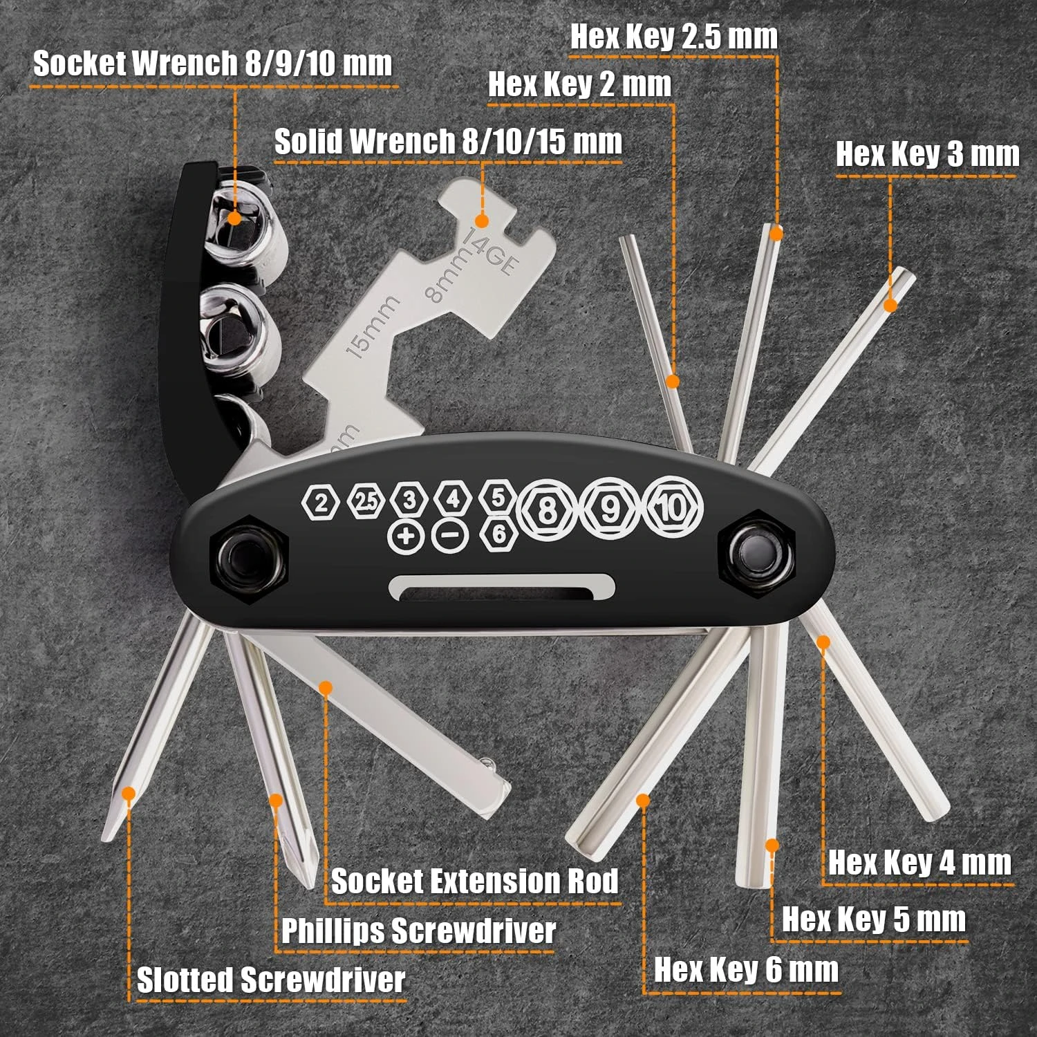 

16-in-1 Essential, Convenient and Portable Comprehensive Multitool Kit - Must-Have Hex Spoke Wrench for Mountain Bike Maintenanc