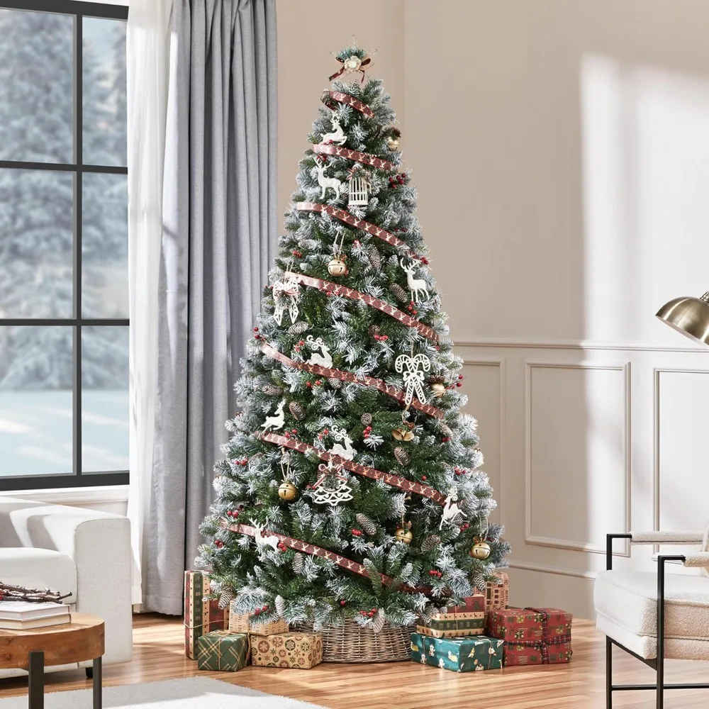 

7.5ft Pre-lit Frosted Artificial Hinged Christmas Tree with 1398 Flocked PVC Tips,88 Pine Cones, 88 Holly