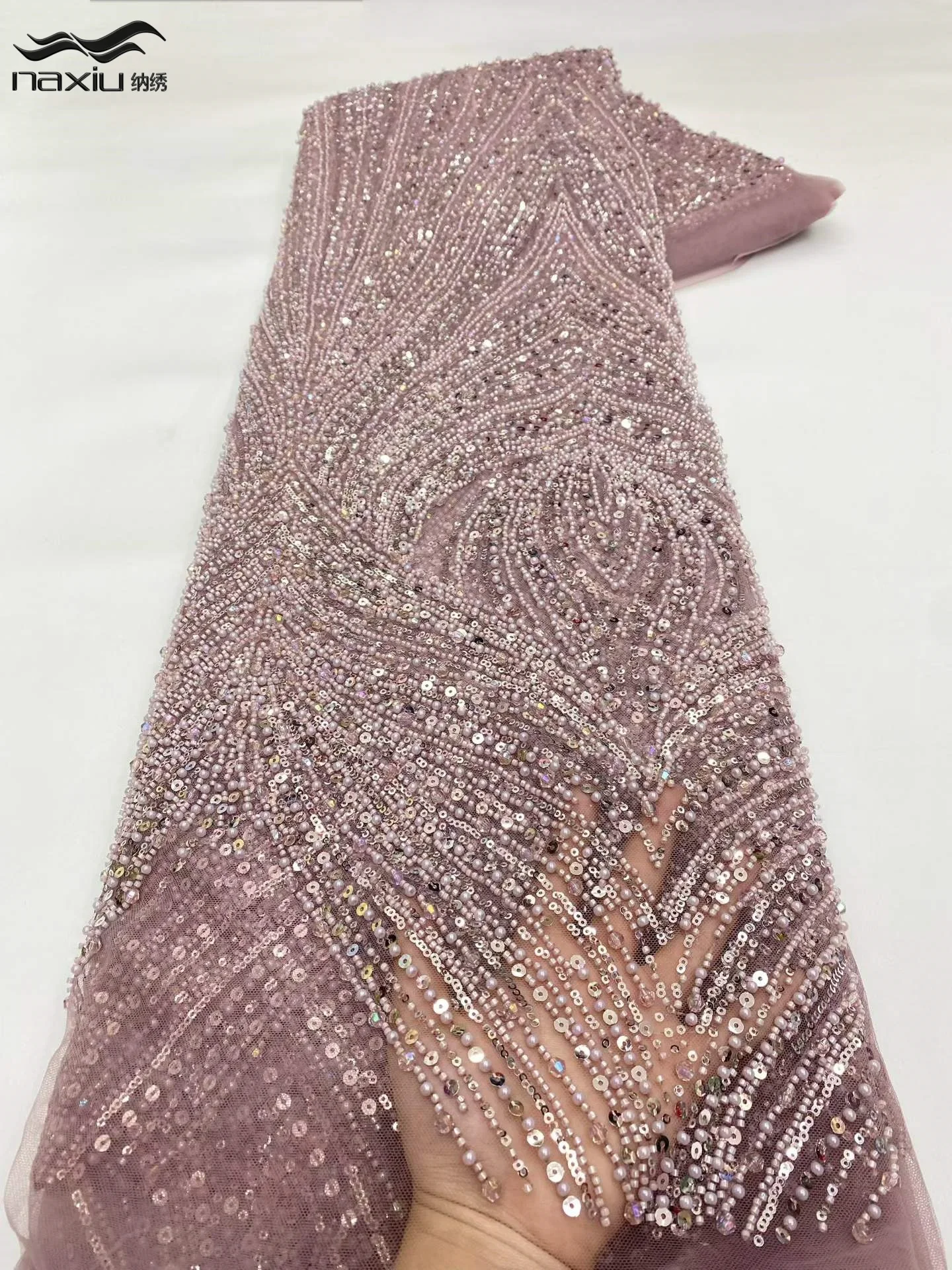 Madison Onion High Quality Nigerian Beaded Lace Fabric 5 Yards African Sequins Embroidery Heavy Lace For Wedding Party Dress
