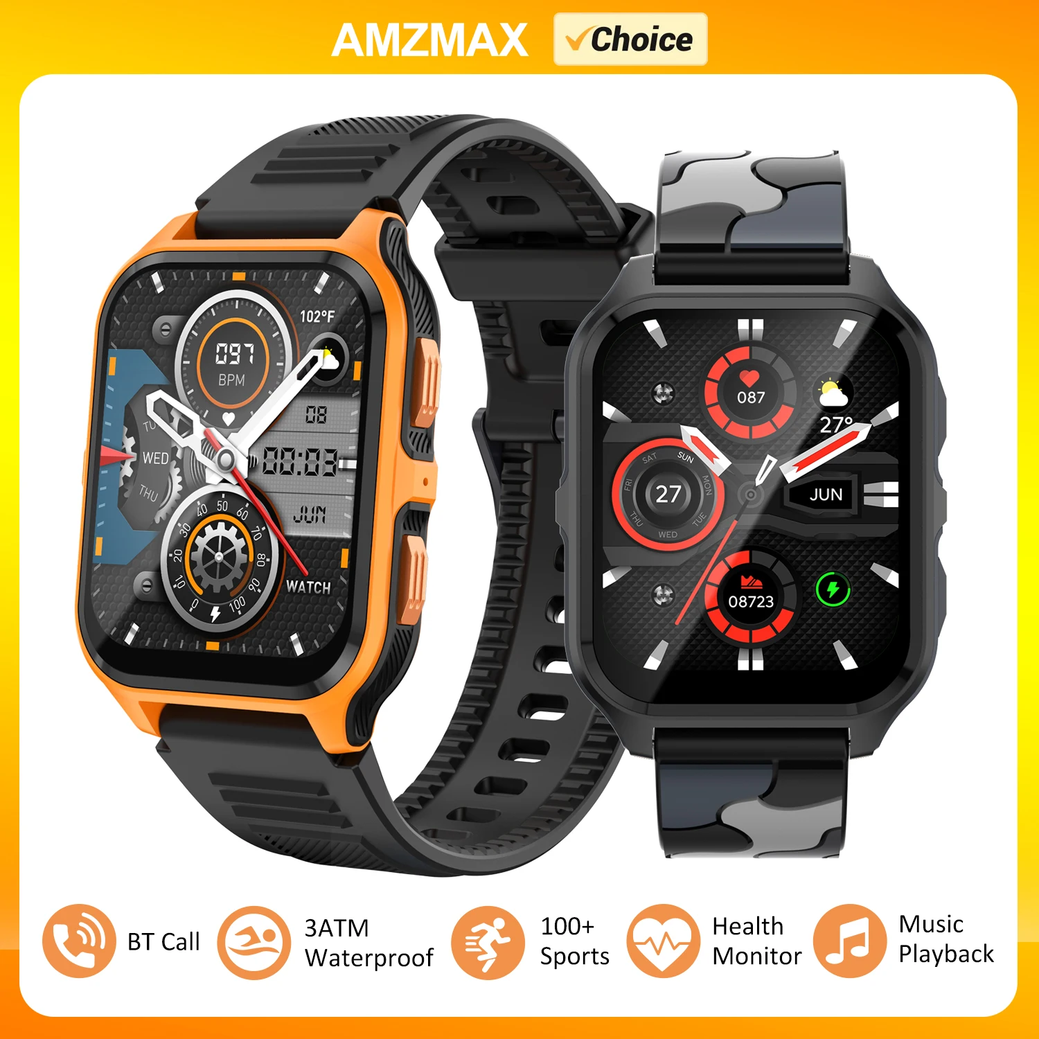 AMZMAX الرياضة في الهواء الطلق ساعة ذكية الرجال بلوتوث دعوة جهاز تعقب للياقة البدنية 3ATM IP68 مقاوم للماء العسكرية Smartwatch لنظام أندرويد IOS #1