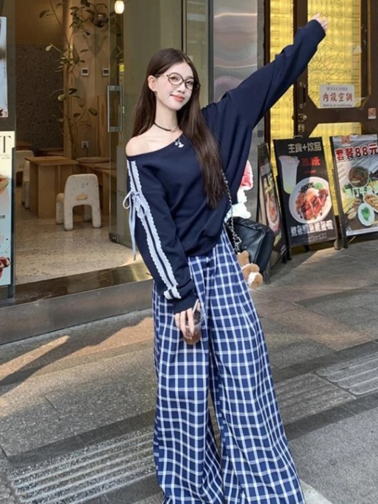 Y2k Esthetische Kant Brief Hoodie Dames Skew Kraag Lace Up Streetwear Hoody Harajuku Vintage Oversized Streep Lange Mouw Tops