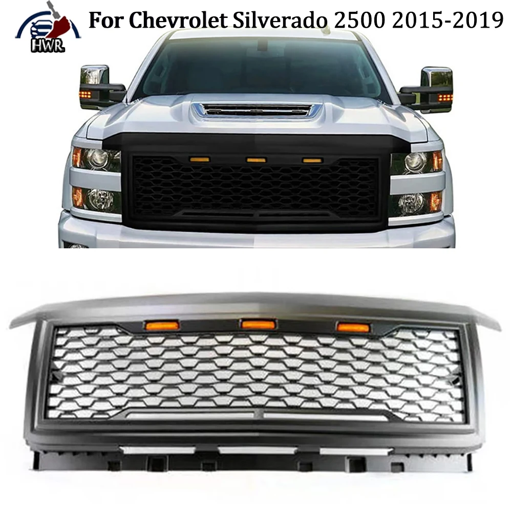 

Car Mesh Grille Guard Grid Sporty Offroad Parts For Chevrolet Silverado 2500 2015-2019 With Led Lights Front Bumper Grilles