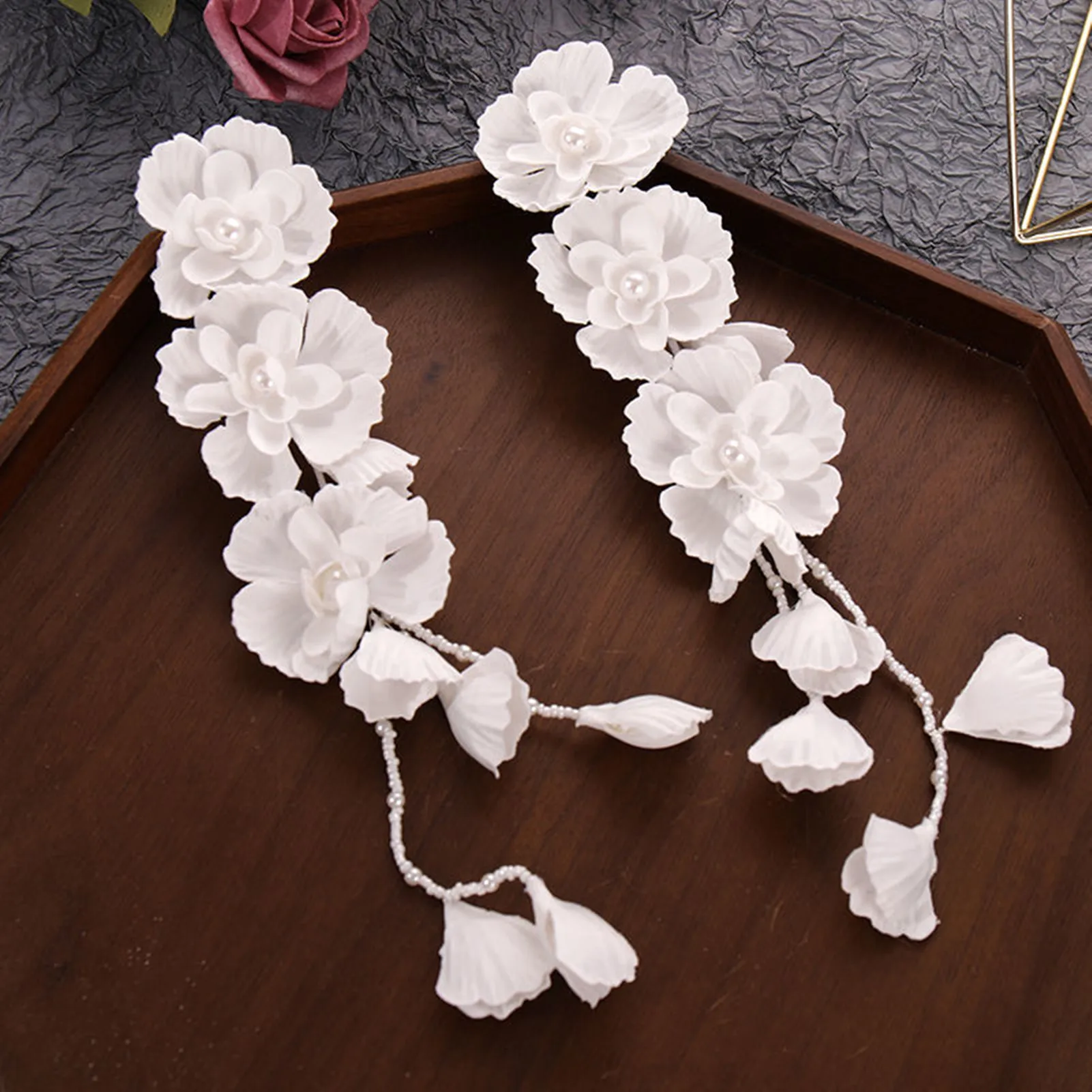 Handmade White Flower Bridal Earrings Wedding Jewelry Women Korean Bridal Wedding Banquet Headband Earring Party Accessory