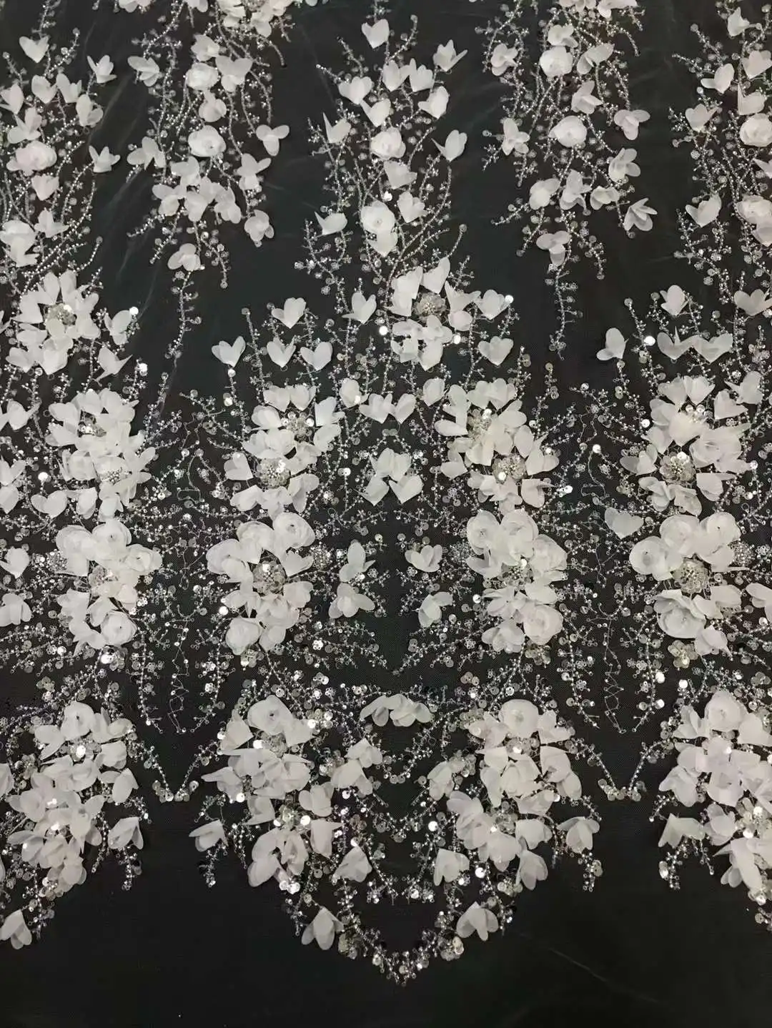 Top Sales Beaded Sequins Lace Fabric 36SU-7502 Embroidered French Material with 3D Flowers  For Wedding or Fashion Show Dress