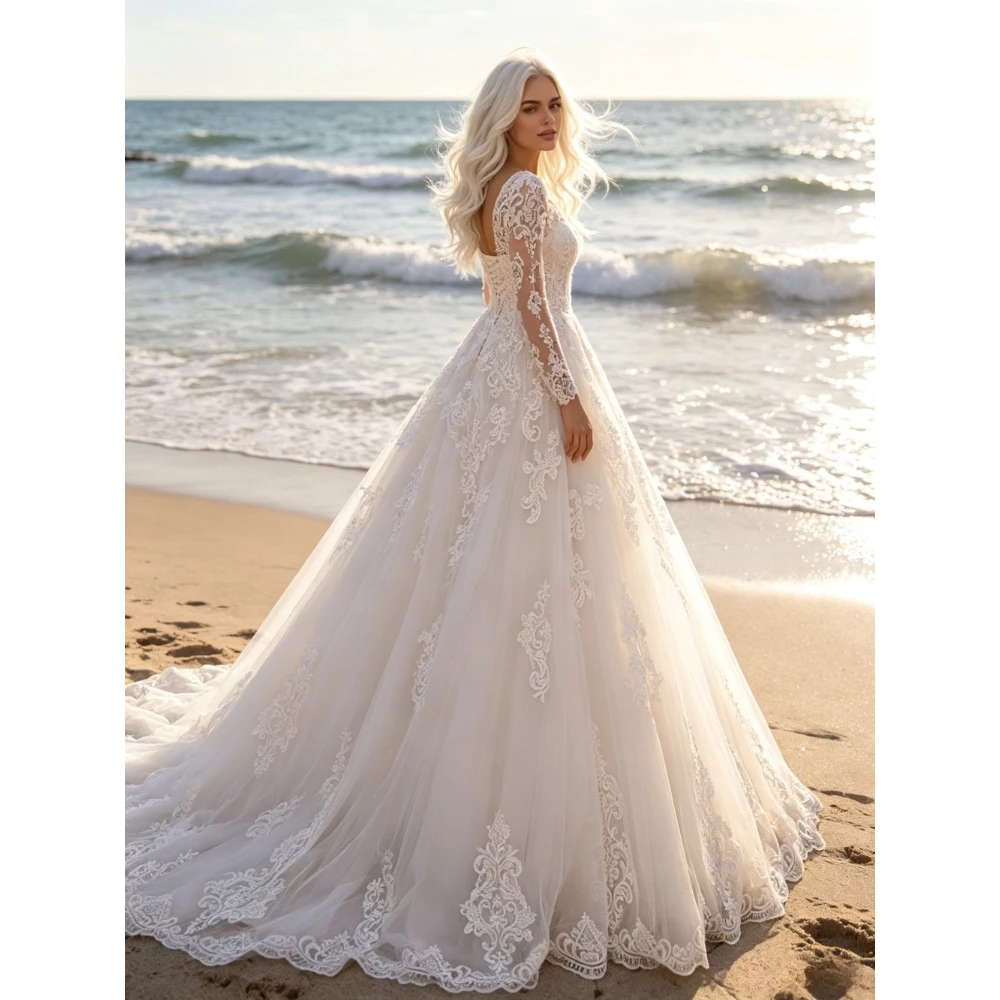Customized Long Sleeved Lace A-line Wedding Dresses 2026 New Elegant V-neck Decal Bridal Gown and Large Tail Suitable for Beach