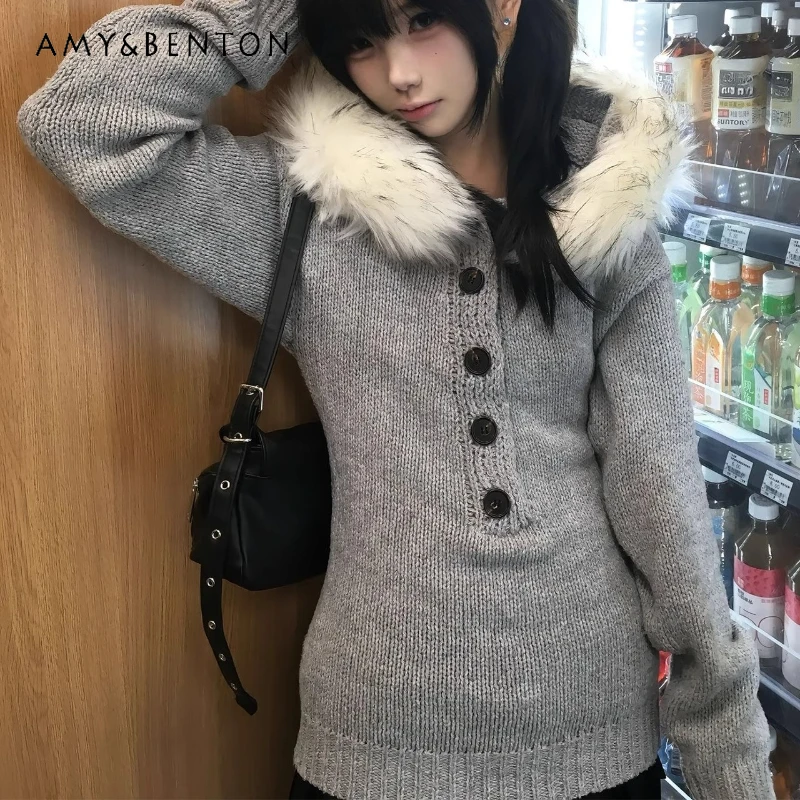 

Женский вязаный свитер с меховым воротником и капюшоном в американском стиле ретро, осень-зима, пуловер с полуоткрытым воротником, женская куртка с капюшоном