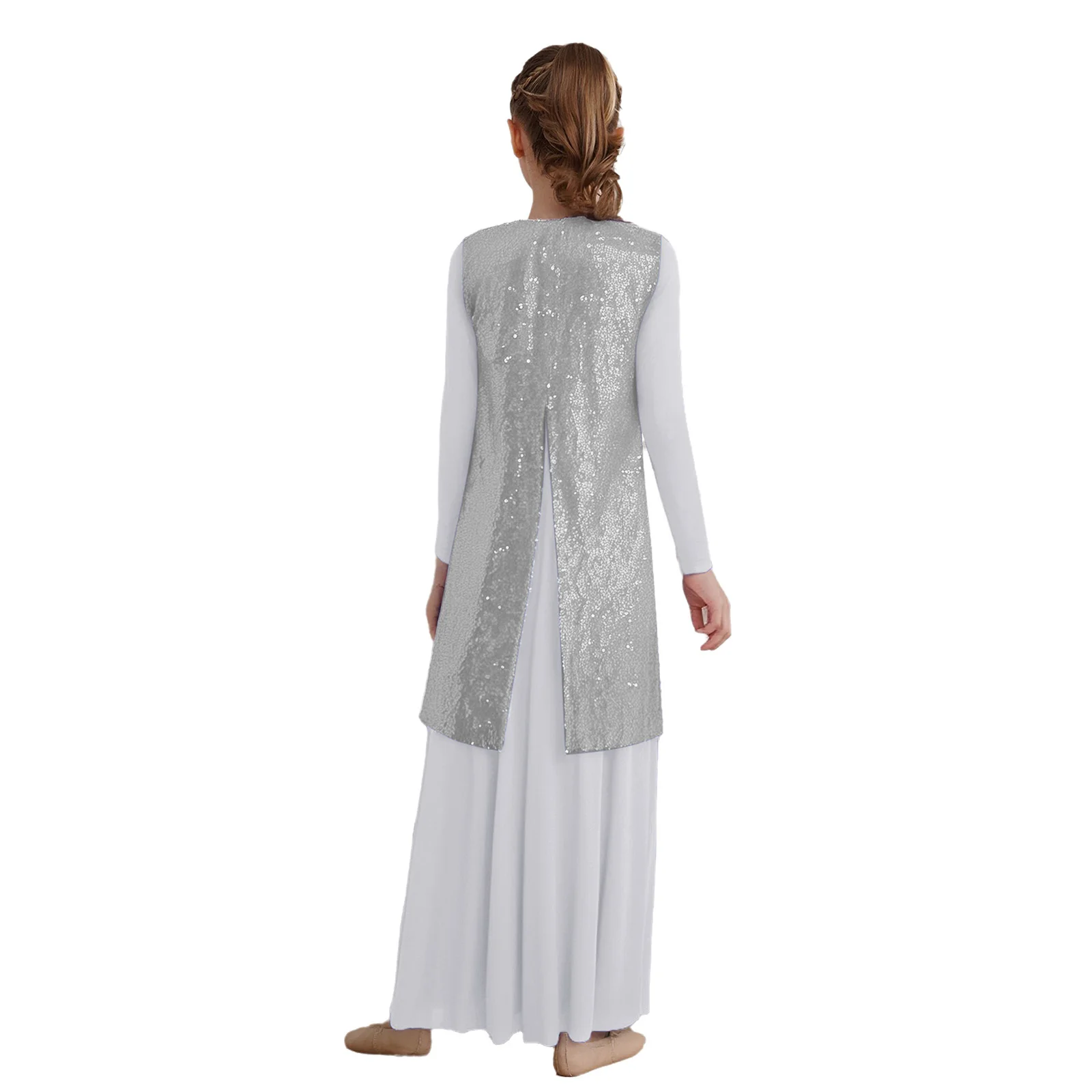 Kid Girl Rhinestone Liturgical Praise Christian Worship Church Choir Performance Costume Ballet Lyrical Dance Dresses with Tunic