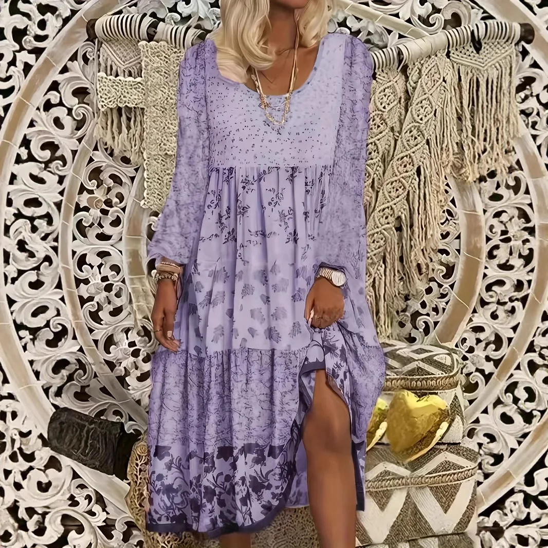 2026 Robe Femme U-neck Long-sleeved Fashion Printed Commuting All-match Dress Womens Summer New Street A-line Loose Casual Dress
