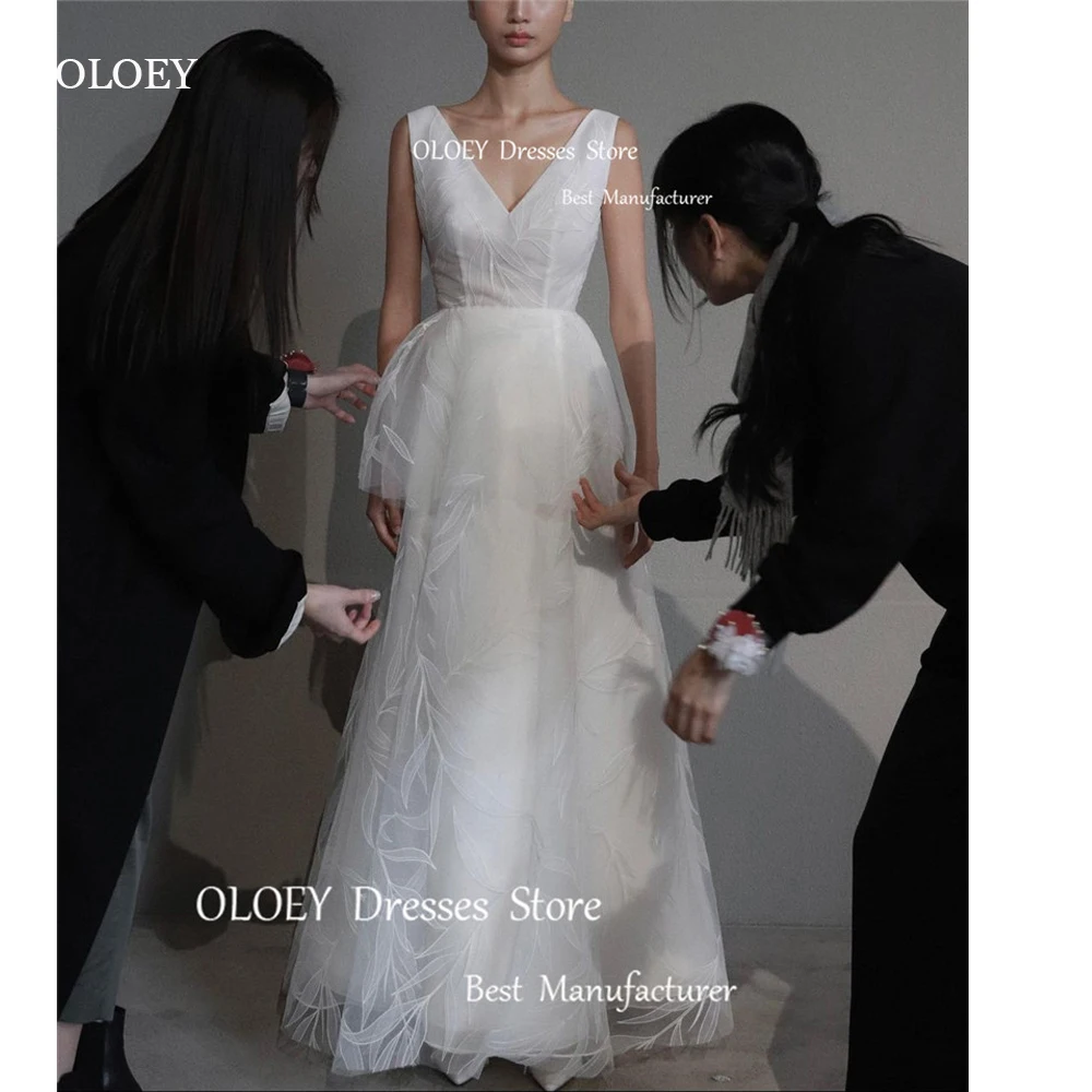 OLOEY New Design 2024 Korea Women Weddding Dresses Photo shoot V Neck Lace Floor Length Bridal Gowns Corset Back Custom Made