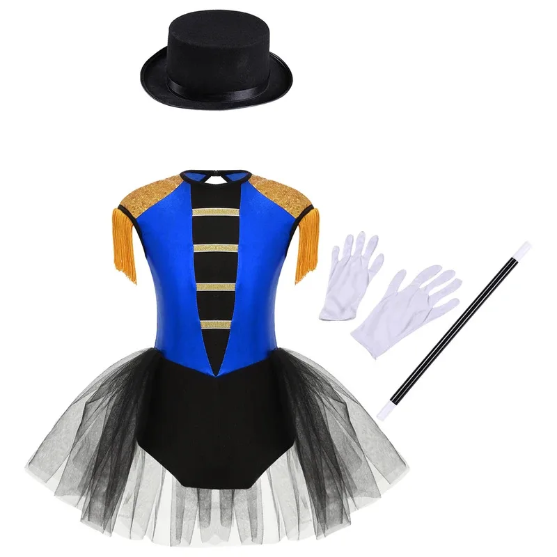 

Kids Girls Circus Magician Cosplay Costume Carnival Party Ringmaster Performance Dress Up Sleeveless Tassels Leotard Tutu Dress