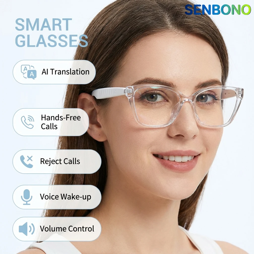 SENBONO AI Translator Audio Smart Glasses for Women BT Call Music Play Camera Control Sunglasses Fashion Smart Glasses for Men