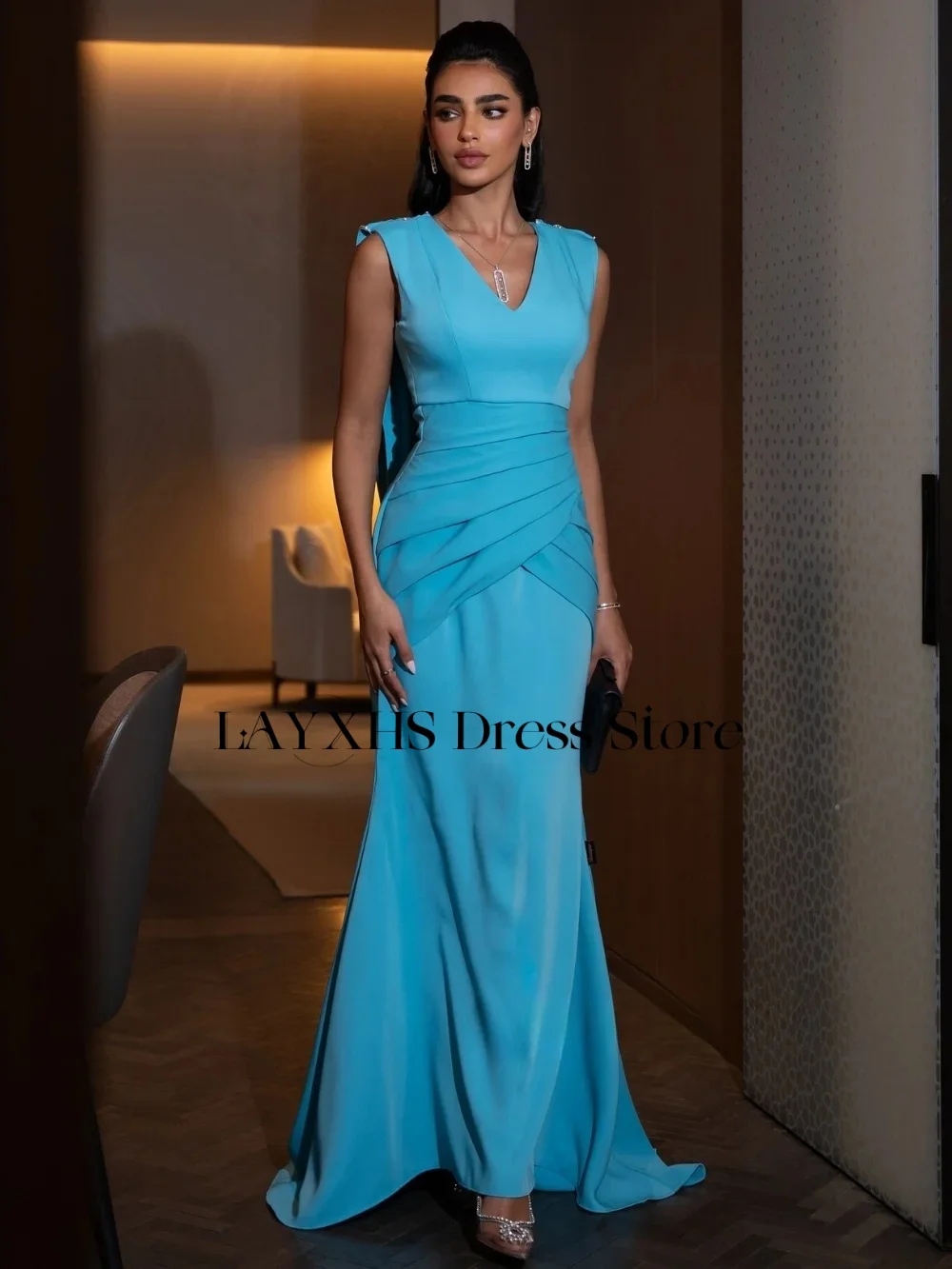LAYXHS Elegante blaue Meerjungfrau-Abendkleider mit V-Ausschnitt und Falten, bodenlang, Damen-Abschlussballkleider, individuell gestaltet