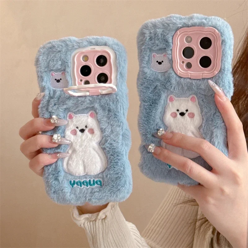 3D Cute Warm Winter Plush Fur Back Cover For Huawei P40 P50 Pro P60 Pura 70 Pro Fluff Toy Camera tect Soft Phone Case Cover