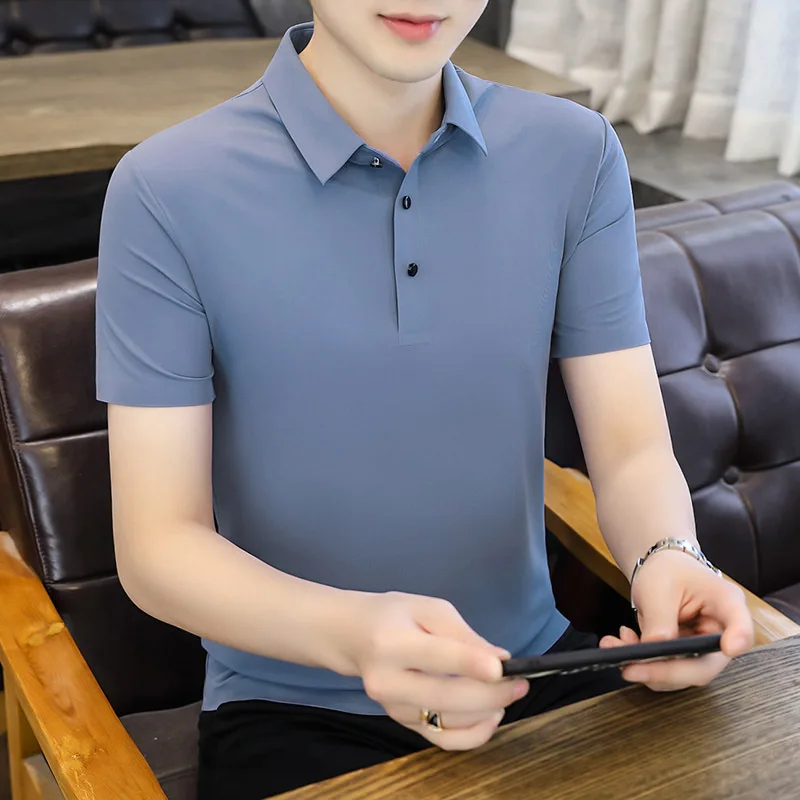 

Summer Ice Silk Shirt Men's Elastic Thin Short Sleeve Turn-down Collar T-shirt Business Casual Men's Wear Polyester Fiber