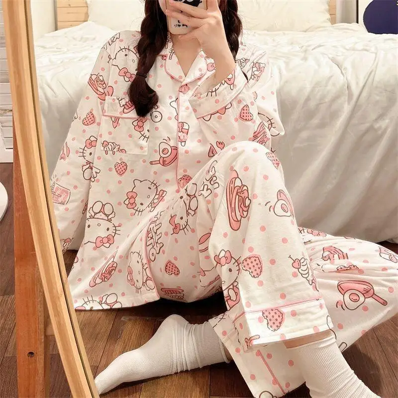 

Sanrio Hello Kitty Long Sleeve Pajamas Set Cotton Women Student Dormitory Homewear Sweet Polka Dot Loose Spring Autumn Sleepwear