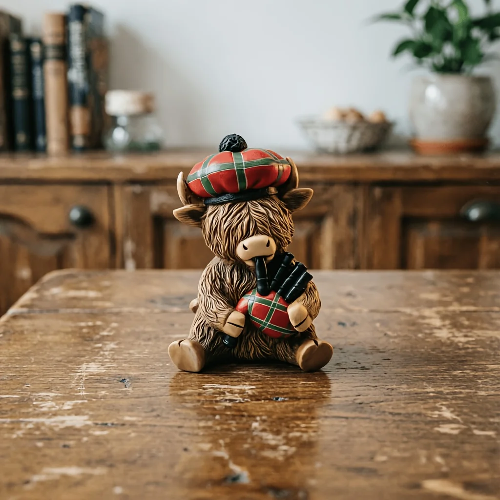 

Brazilian Scottish Highland Bagpipe Resin Ornament, Cartoon Bull with Plaid Beret Highland Cow Desktop Decoration, Home Entrance Creative Handicraft, Scottish Themed Gift