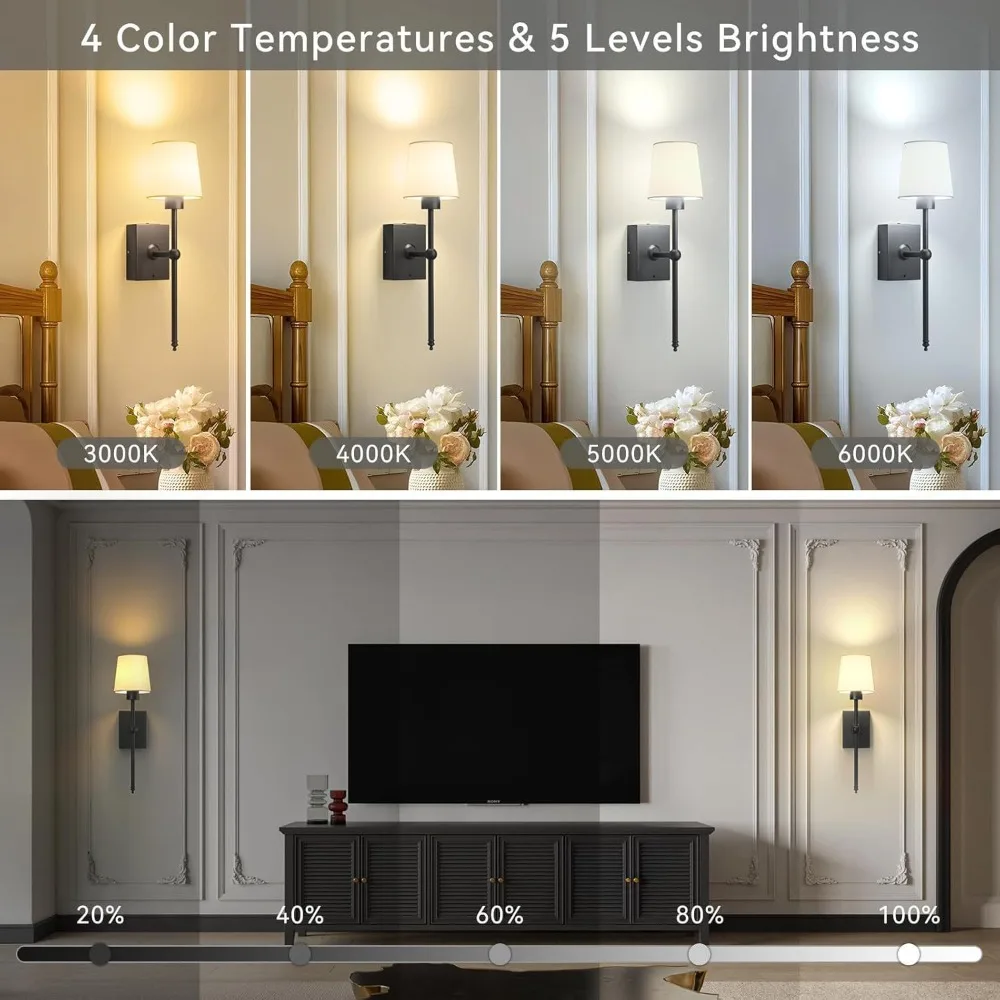 Battery-Powered Modern Wall Lamp Set of 2,Black 6000mAh Dimmable LED Lamp with Remote Control,Suitable for Living Room Bedroom