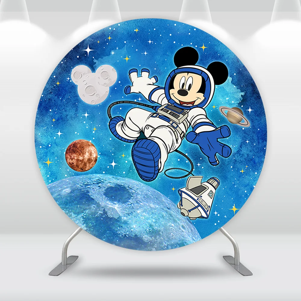 Outer Space Astronaut Boy Birthday Round Backdrop Cover Planet Mickey Mouse Baby Arch Backdrops Photo Background Cylinder Covers