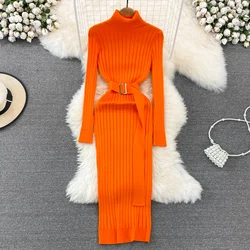 YuooMuoo elegante abito lungo lavorato a maglia a coste solido donna dolcevita abito maglione manica lunga con cintura autunno inverno Lady Robe