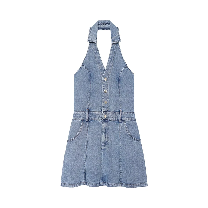 YENKYE Hellblaues Denim-Neckholder-Minikleid für Damen, sexy, rückenfrei, A-Linie, Sommerkleid