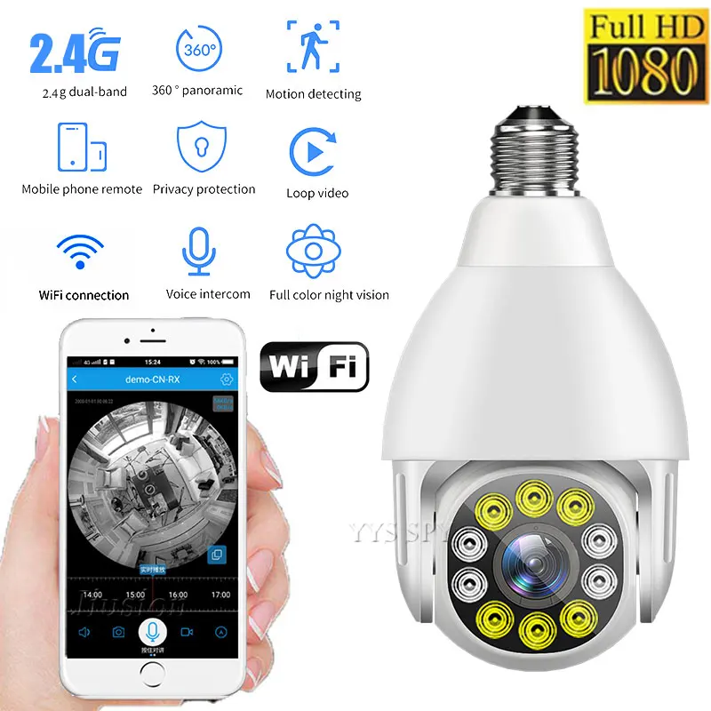 Minicámara IP de seguridad con visión nocturna, Bombilla de 1080P HD con Wifi, 10 piezas, IR, visión panorámica de 360 °, detección de movimiento, alarma de vigilancia, CCTV