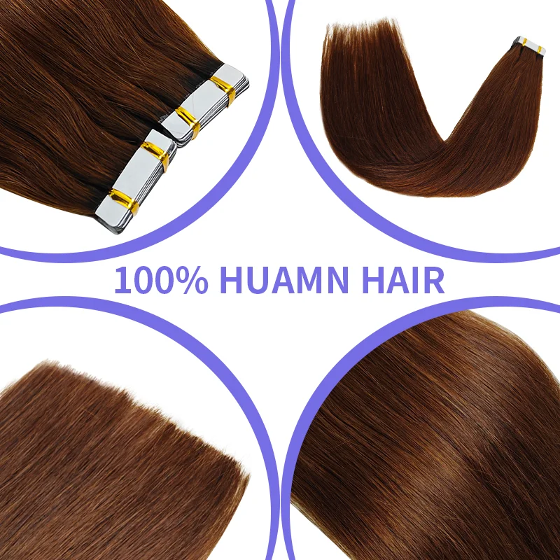 Straight Seamless PU pele trama fita para o salão de beleza, 100% Remy extensões de cabelo humano, cor natural, alta qualidade, 16 a 26 ", #4