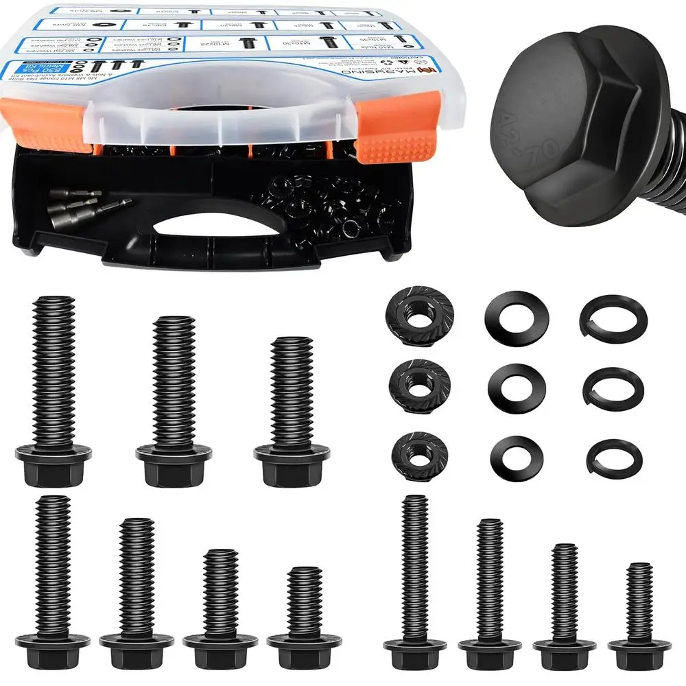 830Pcs Hex Flange Bolts Kit M6 M8 M10 Metric Assorted Screws Nuts Washers Carbon Steel Fasteners