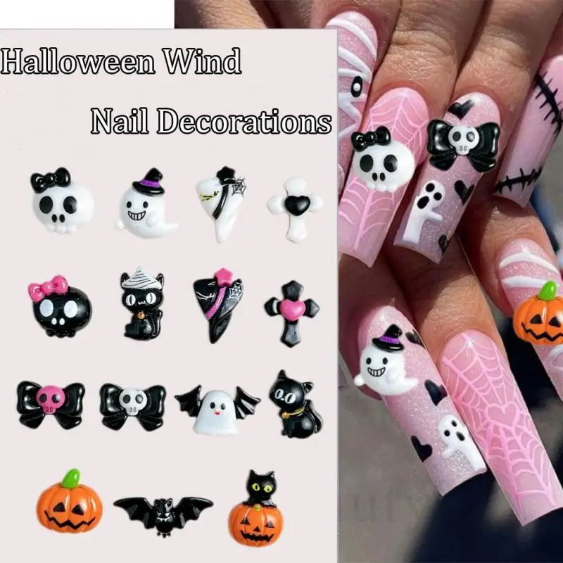 Cute Pumpkin Cat Funny Ghost  Nail Charms Cartoon Bow Skull Halloween Series Nail Art Decorations for DIY Phone Case Manicure