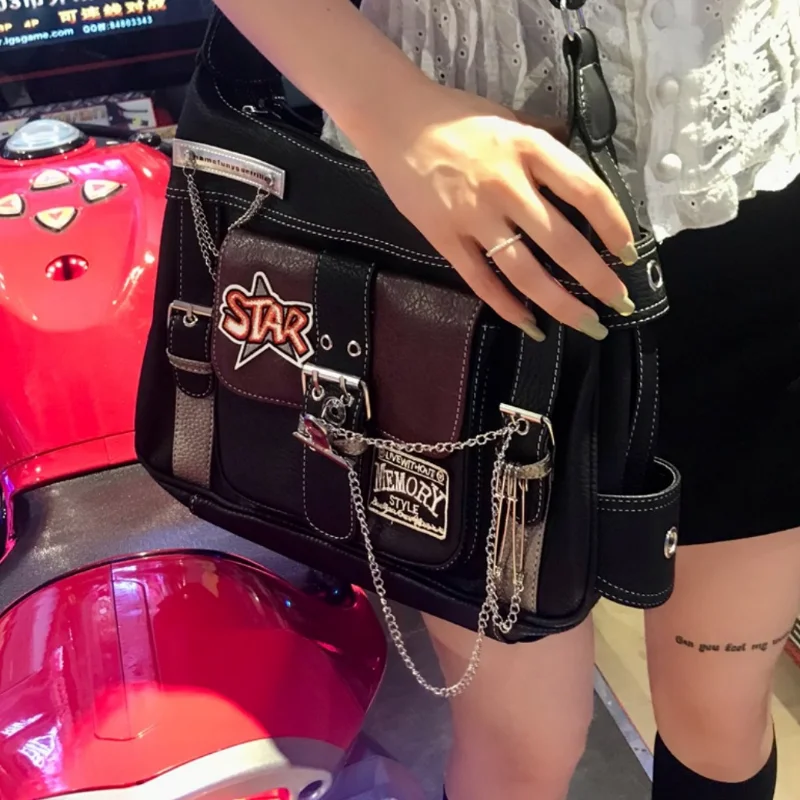 Women Y2k Shoulder Bag Fashion Chains Designer Grunge Bags Pu Leather Aesthetic Crossbody Handbags Hiphop Street Style Cool Girl