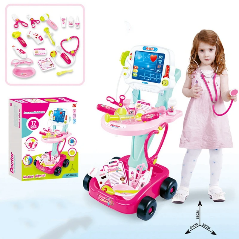 Pretend Play  Toys Set  Kit With Simulated Electrocardiogram Toy Injections Home Medicine Box Set Trolley