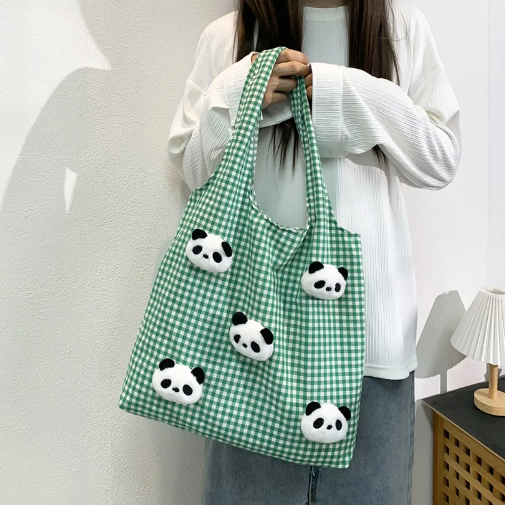 

Vacation Canvas Shopping Bag Cartoon with Inner Bag Plaid Shoulder Bags Panda Doll Large Capacity Office Worker Handbag Students