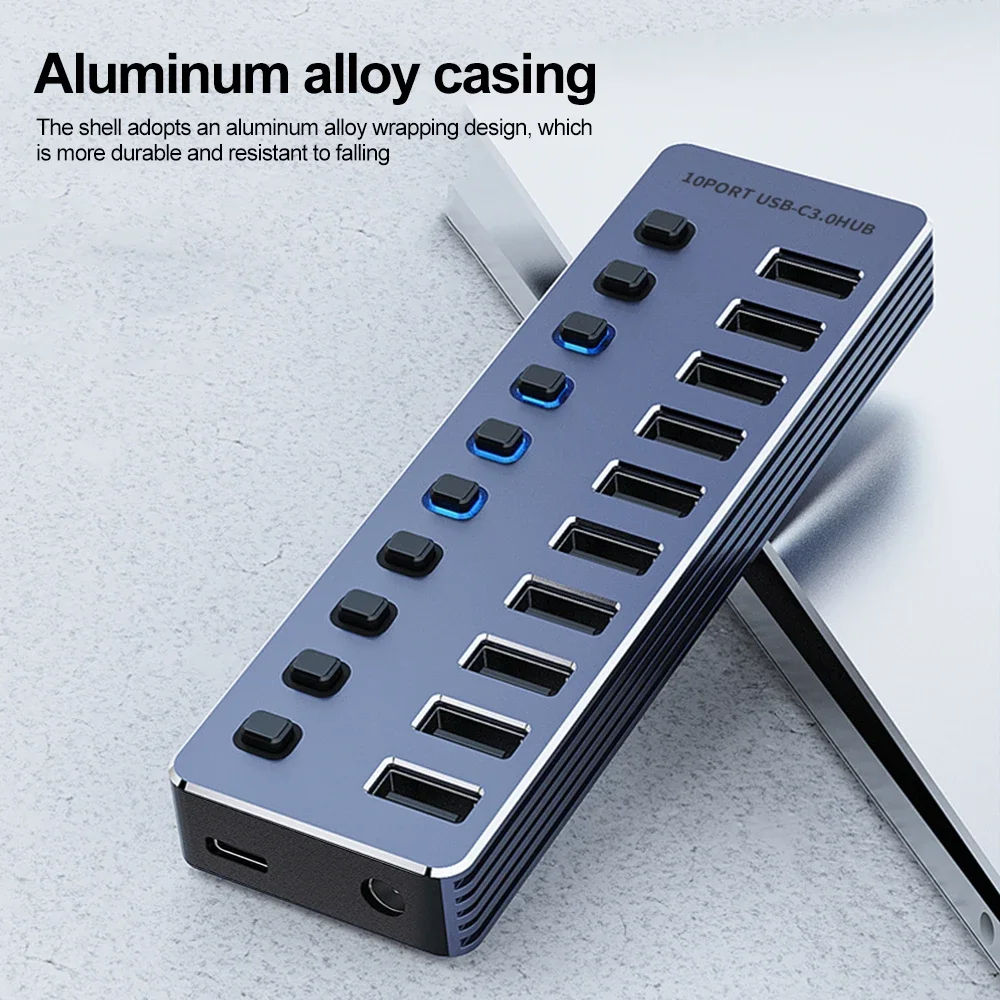 10/7 in 1 Powered USB HUB USB 3.0 Interface Individual Switch Heat Dissipation with On/Off Switches 12V Power Adapter for Laptop view 5