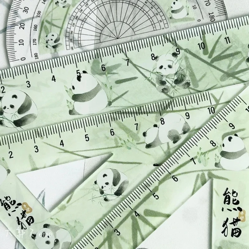 Chinese Cute Panda Bamboo Green Translucent Ruler 4-piece Set Student Plastic Straight Triangle Ruler Protractor Stationery Set