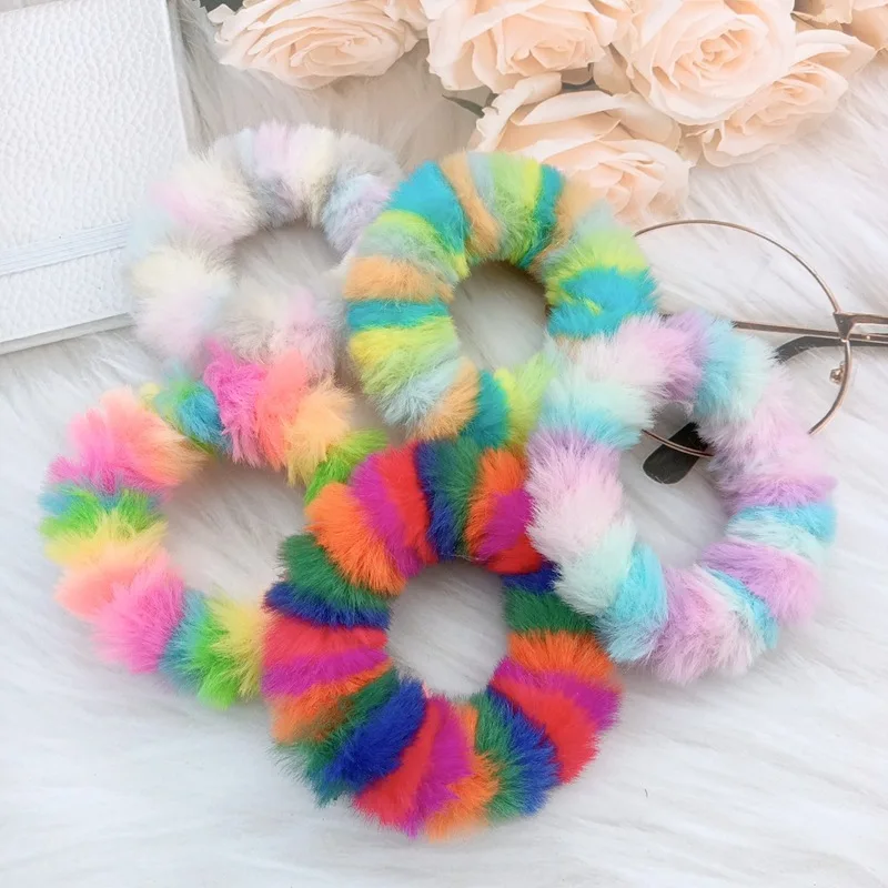 1 mixed hair    Autumn and winter color wild plush Sweet furry hair ring Scrunchies  for Women Elastic Girls Hair Accessories