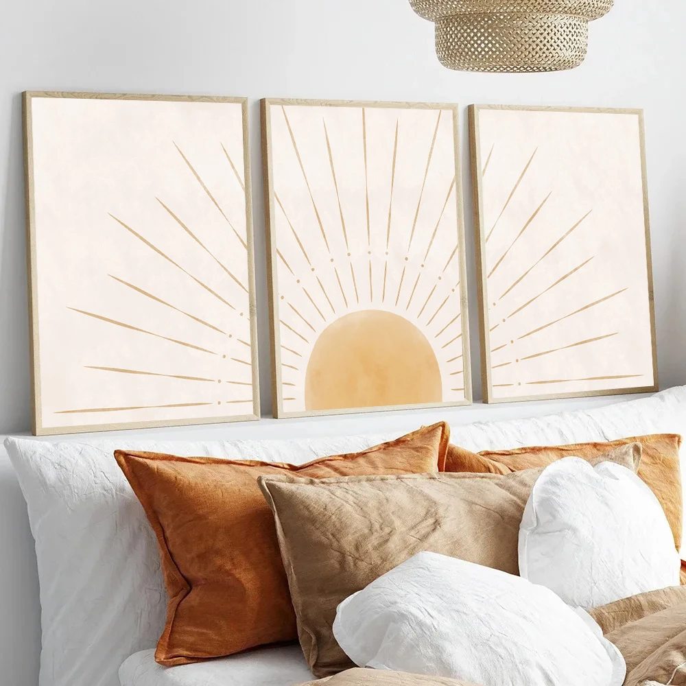 

Boho Mid Century Abstract Yellow Rising Sun Illustrations Wall Art Canvas Painting Modern Posters And Prints Picture Home Decor