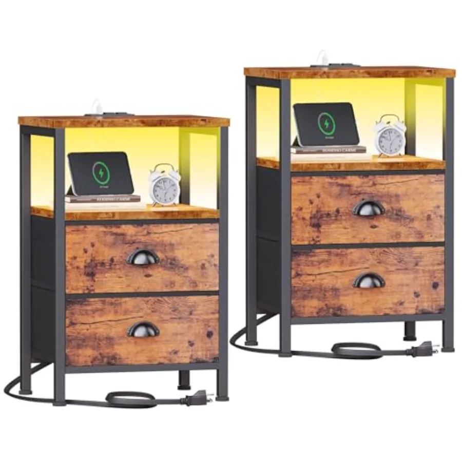 

Set of 2 Nightstands with Charging Station and LED Lights Rustic Brown Fabric Drawers and Shelves Bedroom and Living Room Bedsi
