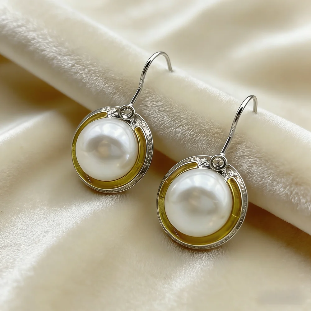 Light luxury style French round pearl earrings with two tone niche design, elegant earrings for women's daily commuting, dating