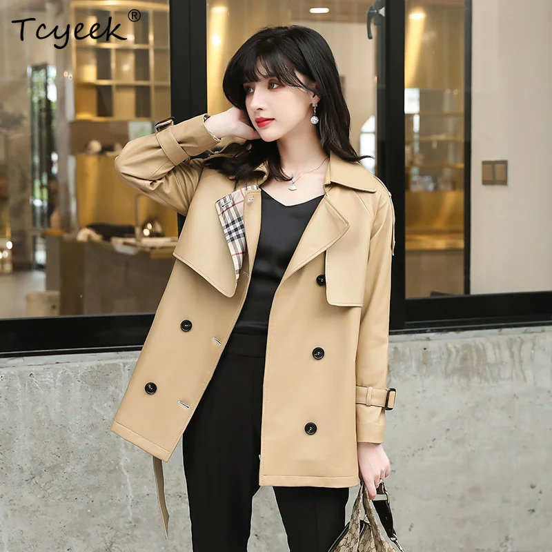 British Style Trend Sheepskin Windbreaker Jacket Women's Spring Mid Length Solid color Lapel Slim Fit Genuine Leather Overcoat