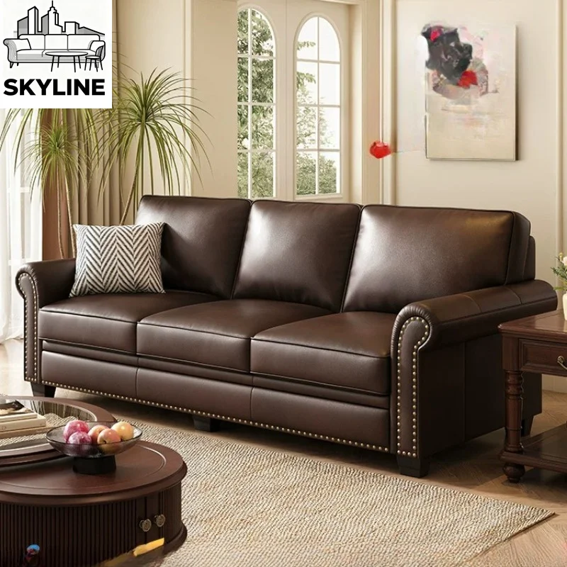 Mid-Century 3-Seater Leather Sofa, Retro Couch for Small Apartment Living Room