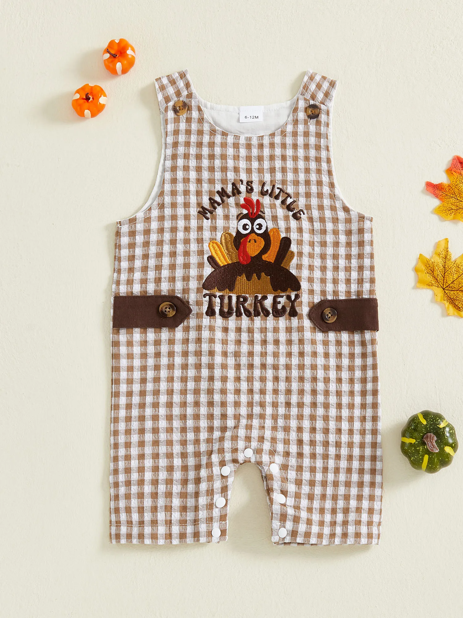 

Infant Boy Denim Overalls Sleeveless Plaid Embroidery Turkey Romper for Thanksgiving Day Outfit Casual Daily Wear