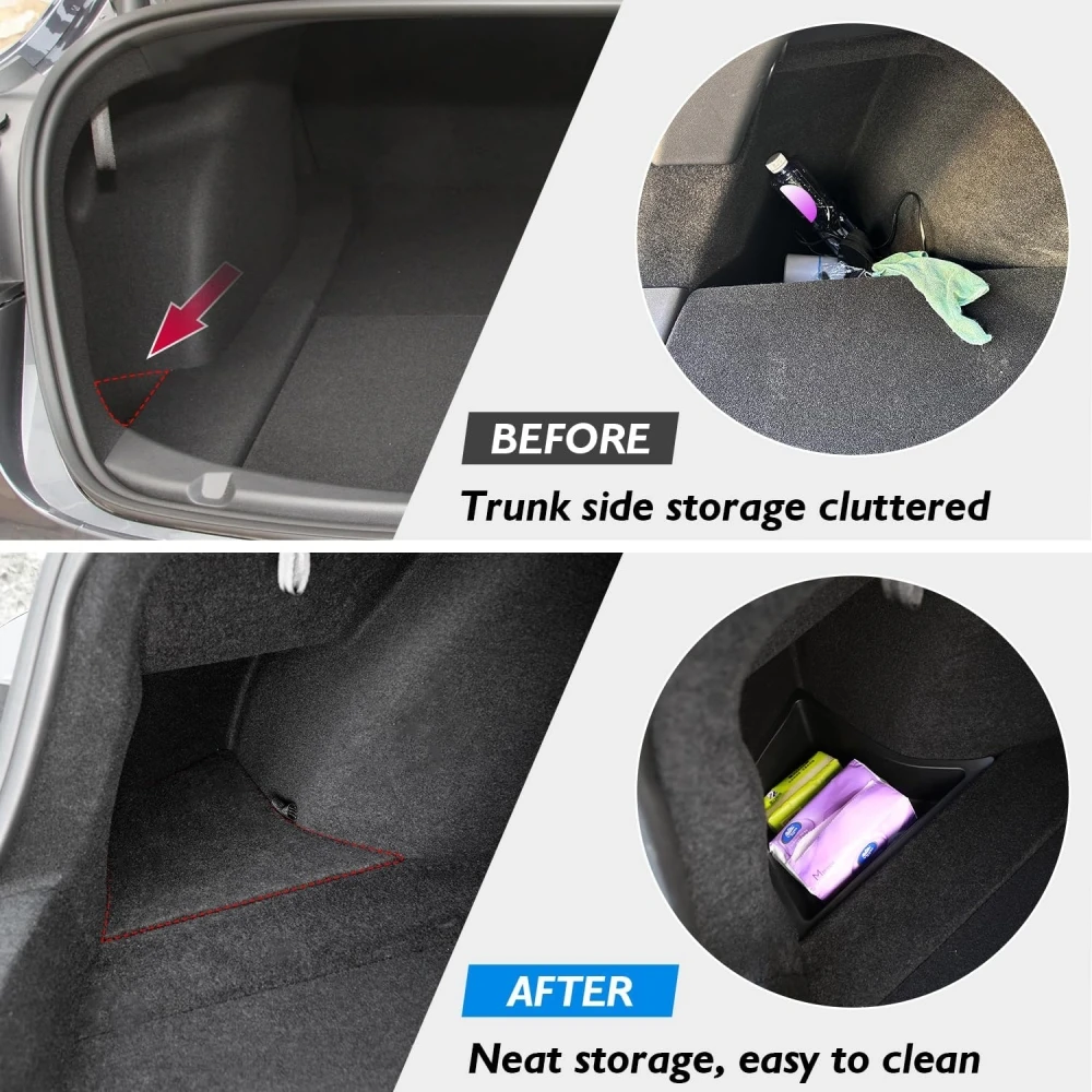 For Tesla Model 3 Highland 2024  Trunk Side Storage Bins Cargo Compartment Liners TPE Box Boot Organizer Bucket With Lid