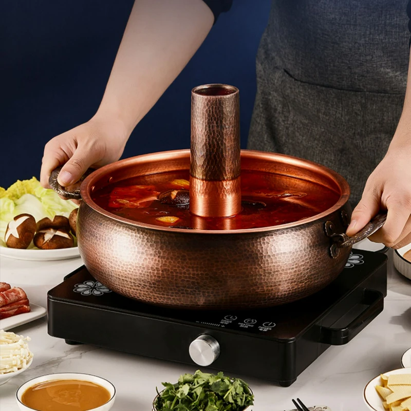 Hammer Pattern Double Fish Copper Hot Pots, Old Beijing Copper Pot for Cooking, Gas Induction Cooker Special Commercial Soup Pot