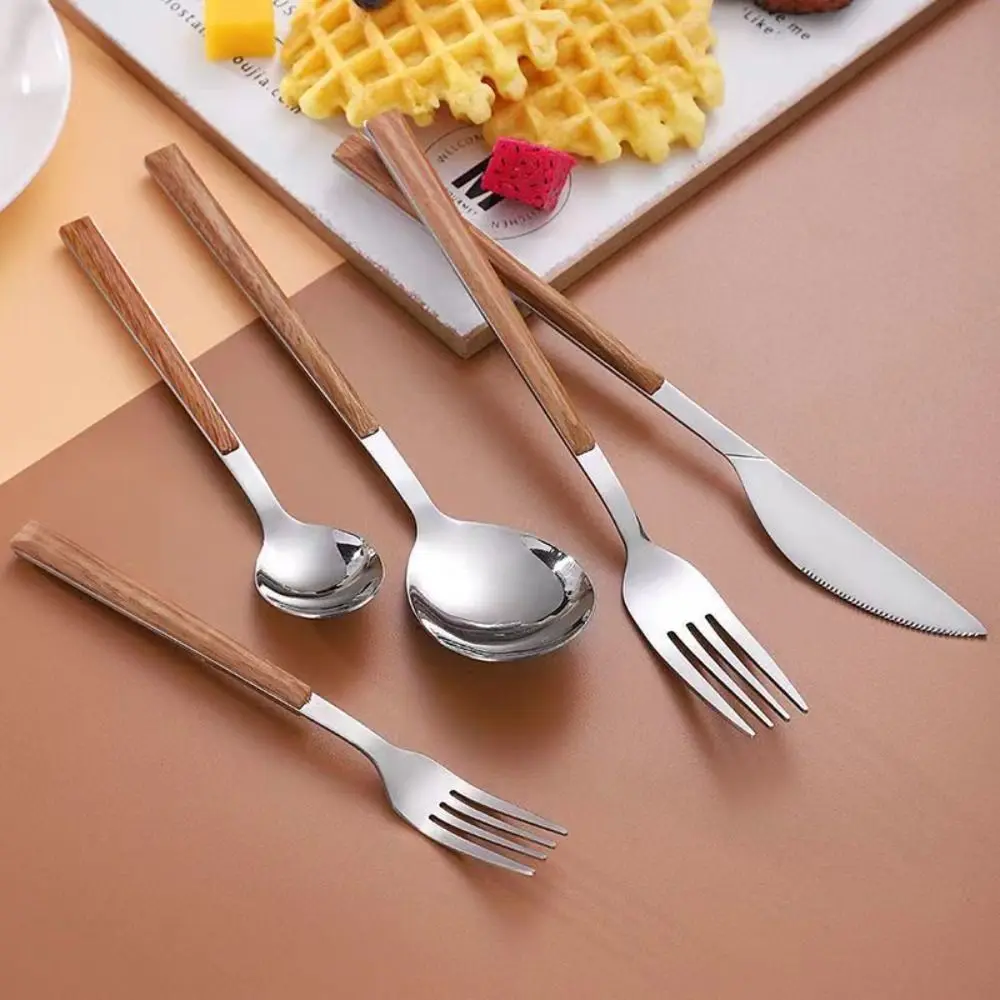 

Steak Knife Western Tableware Thickened Dessert Spoon Simplicity Stainless Steel Spoon Fork Knife Wood Grain Portable
