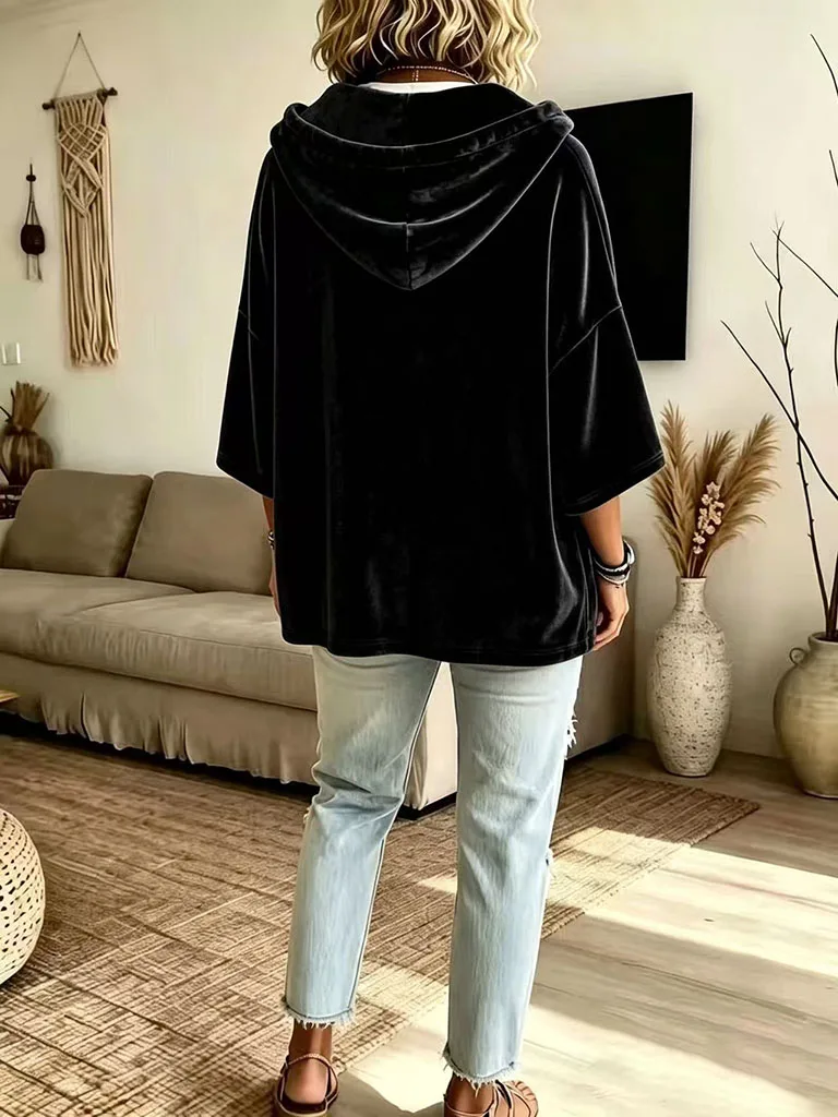 Neuer Herbst-Winter Damen Einfarbiger Samt-Hoodie mit 3/4-Ärmeln Lässige Oberteile – Detail 7