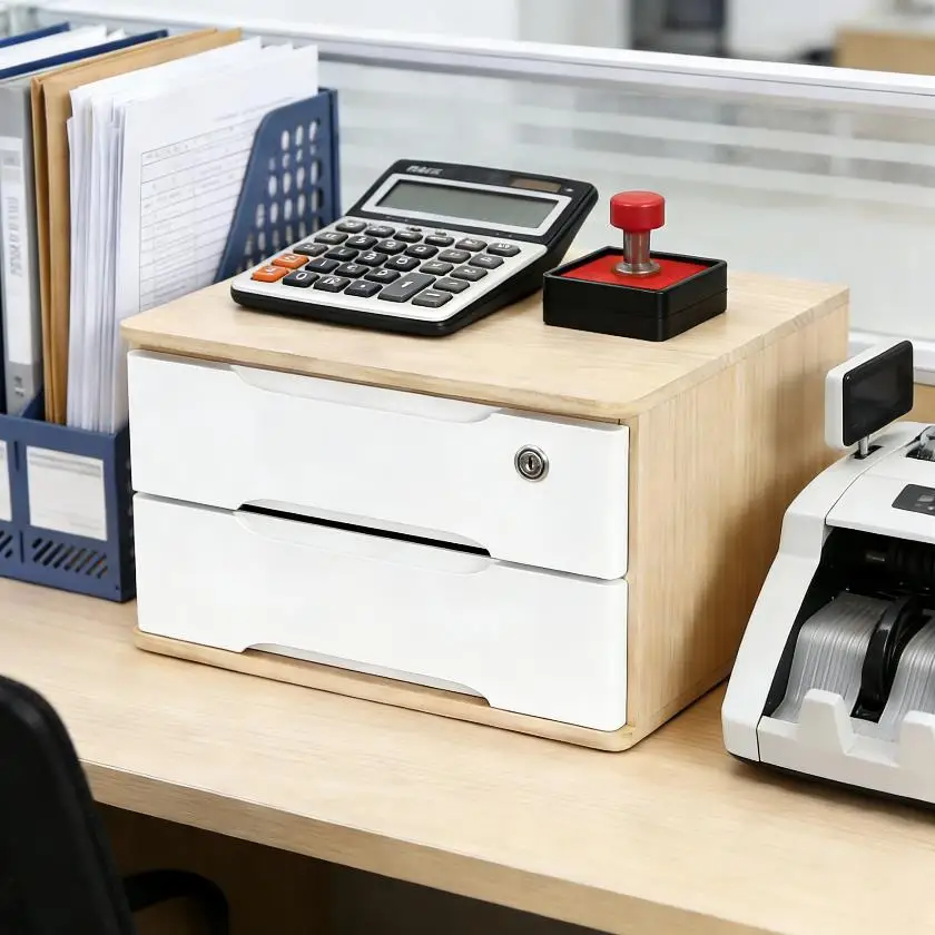 

Lockable Desktop Storage Cabinet 2 Layer Wooden Organizer Box with Drawer Solid Wood for Office Home Stationery File Storage