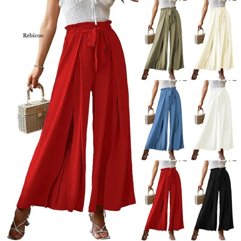 

Casual Bow Sashes Folds Solid Pants Spring Summer 2022 Streetwear Drawstring High Waist Loose Long Wide Leg Pants Women Clothing